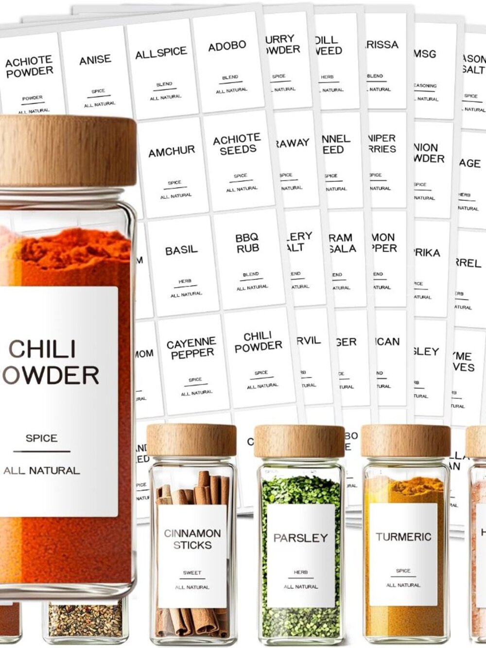 201 Spice Jar Labels - Preprinted Minimalist Waterproof Stickers for Kitchen Jar